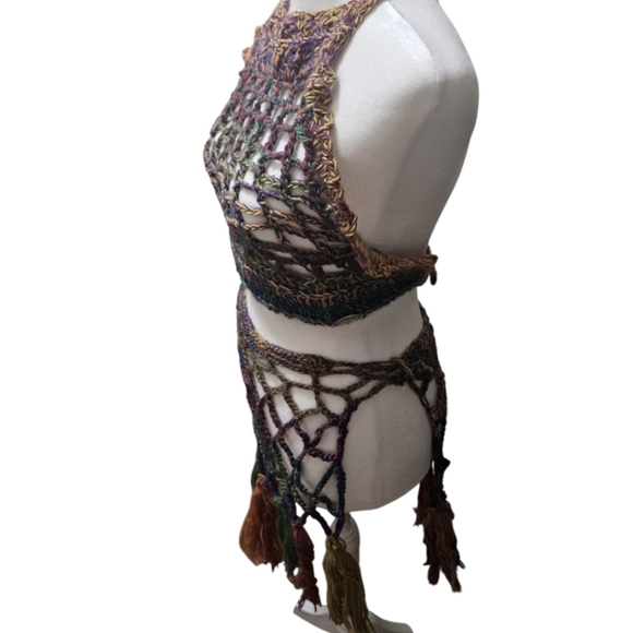 Handmade Crochet Swim Cover-up Fishnet Design Multicolor Rainbow Halter Crop-Top - Picture 9 of 17